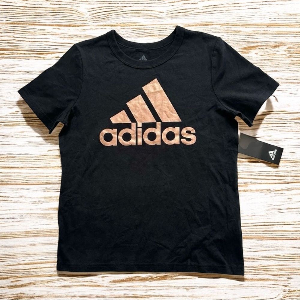 Adidas Girls NWT Black & Gold Logo Graphic Tee Size M 10/12